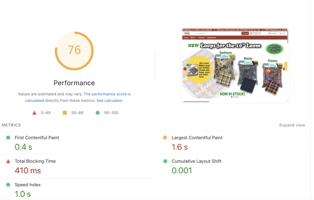 Google Lighthouse Performance score 76 on the old site.