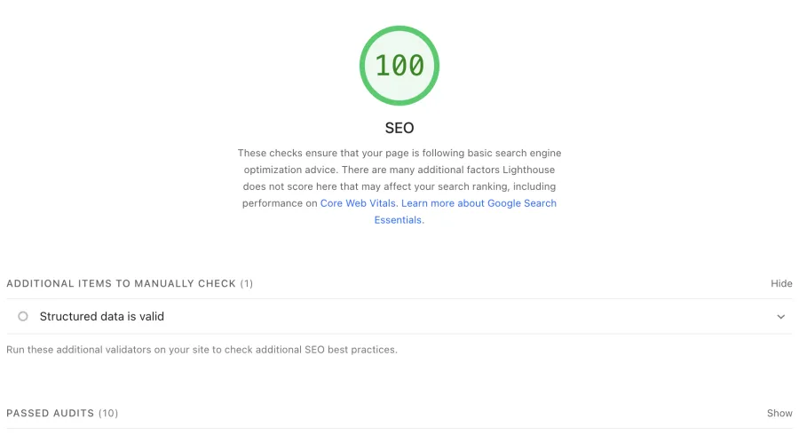 Google Lighthouse SEO score 100 for the new store, with valid structured data.